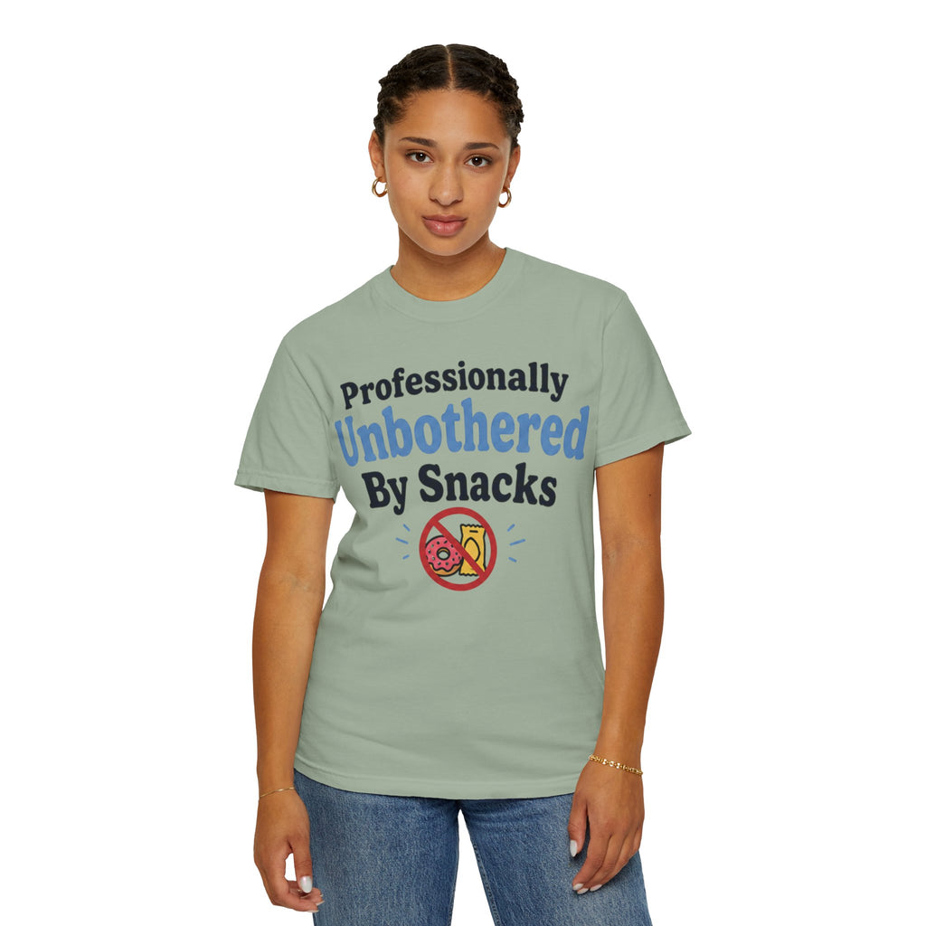 Professionally Unbothered By Snacks T-Shirt — Funny GLP/Weightloss Research Tee