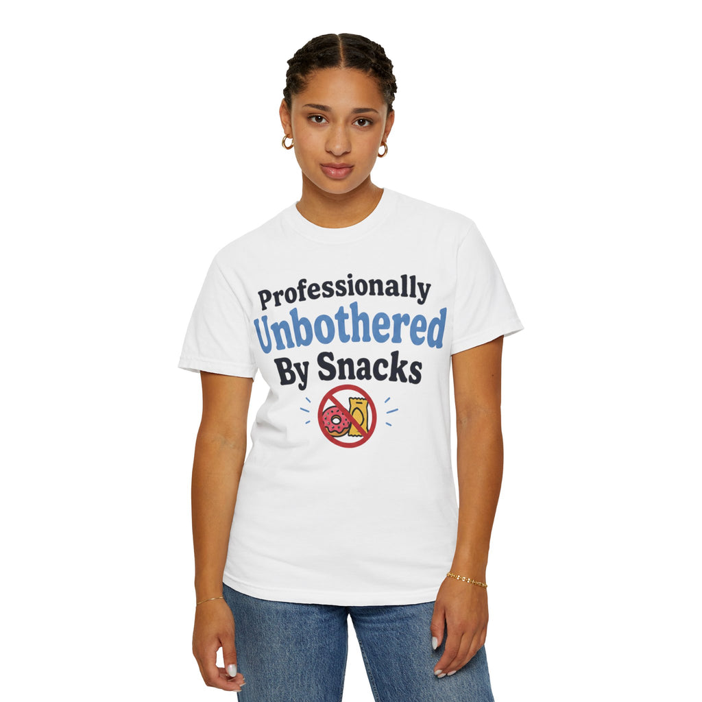 Professionally Unbothered By Snacks T-Shirt — Funny GLP/Weightloss Research Tee