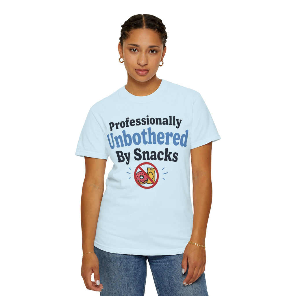 Professionally Unbothered By Snacks T-Shirt — Funny GLP/Weightloss Research Tee