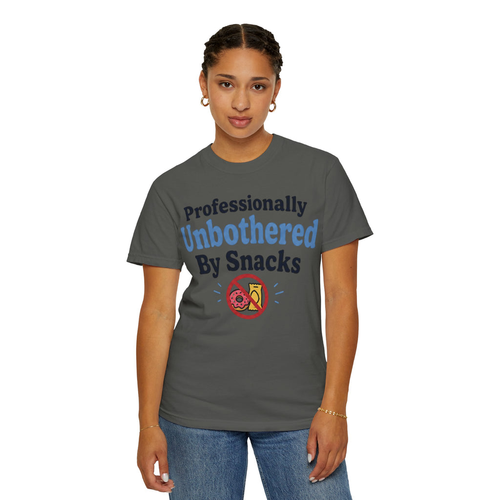 Professionally Unbothered By Snacks T-Shirt — Funny GLP/Weightloss Research Tee